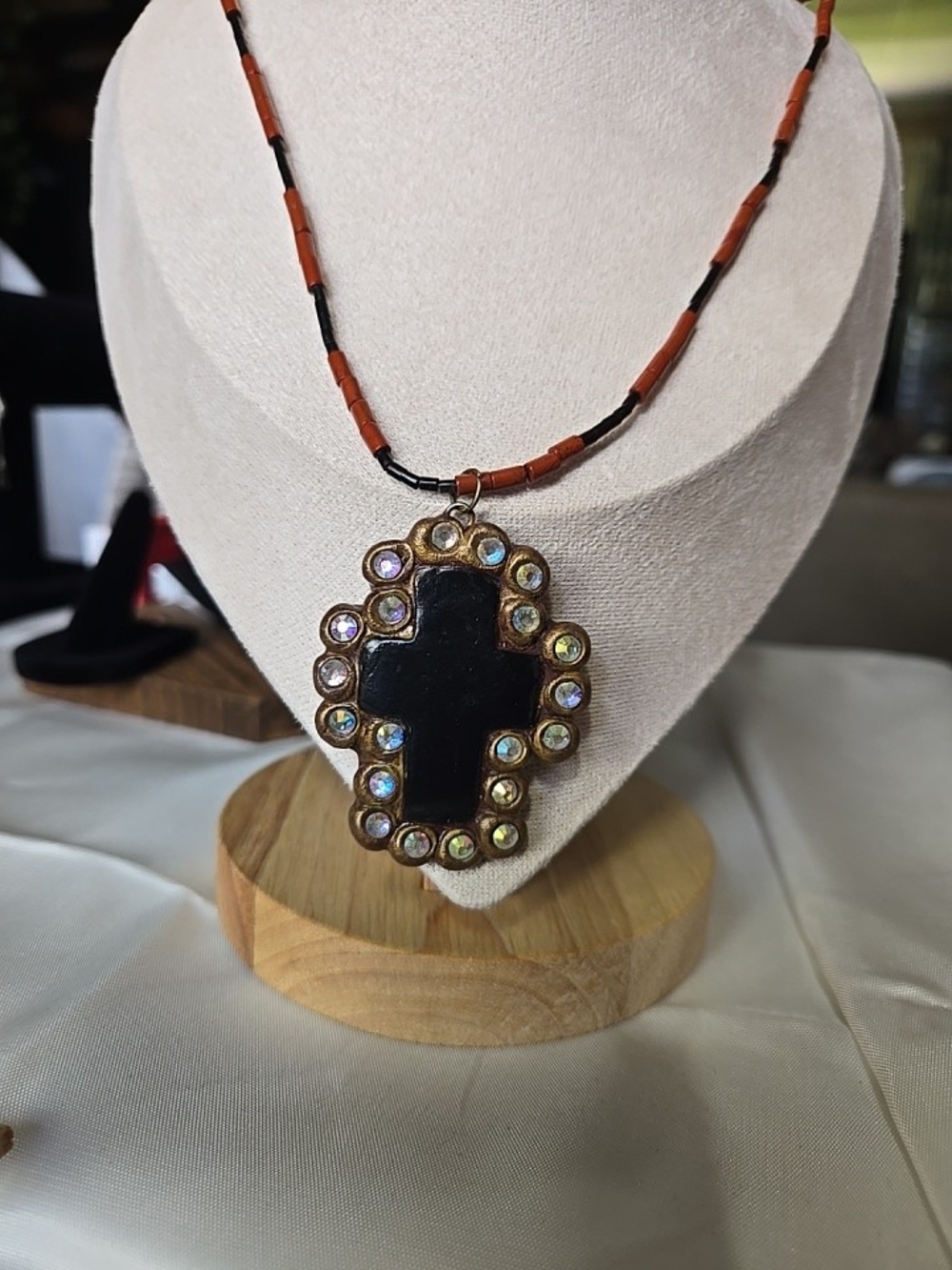 Black Leather 1990 Cross Pendant Necklace with Iridescent Accents